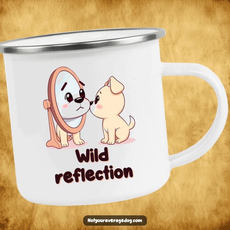 Funny camping mug with a dog looking confusedly at a mirror, as if encountering a silly stranger, perfect for outdoor enthusiasts.