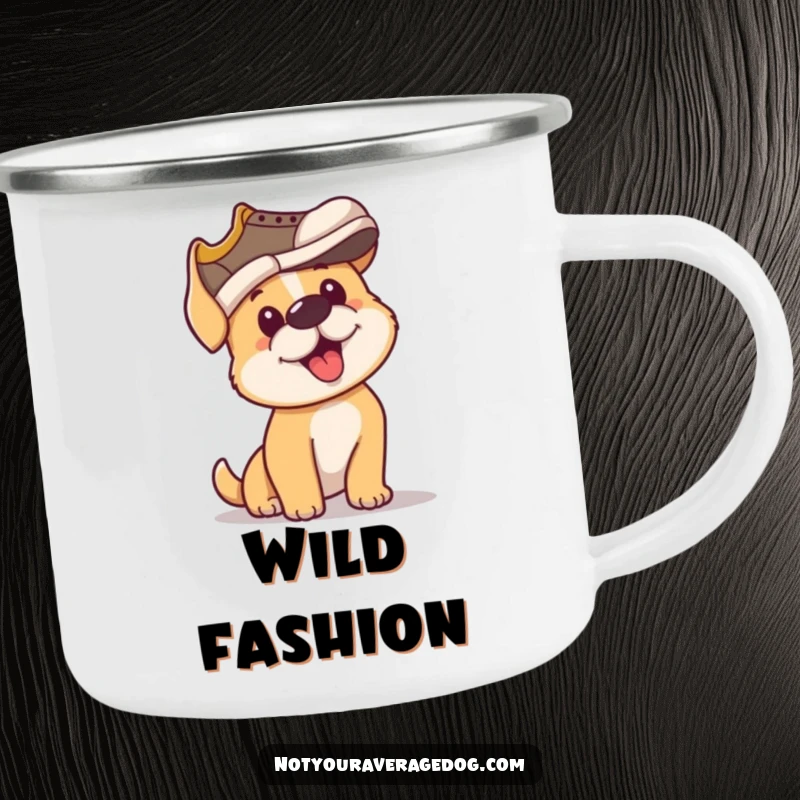 Funny camping mug with a dog determinedly trying to wear a shoe on its head, perfect for outdoor enthusiasts.