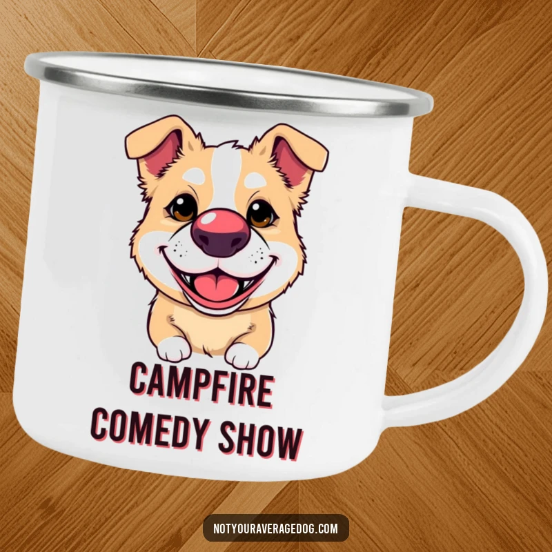 Funny enamel camping mug with a dog wearing a clown nose and a silly grin, ideal for enjoying drinks outdoors with a smile.