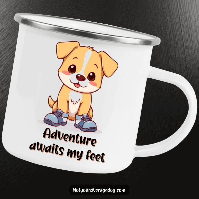 Funny camping mug featuring a clumsy dog in mismatched shoes, radiating awkward charm. Durable and humorous drinkware for outdoor enthusiasts.