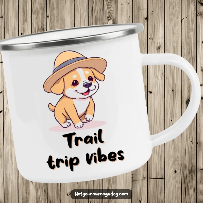 Funny dog wearing a comically oversized hat and tripping over its paws, a durable and amusing camping mug for outdoors.