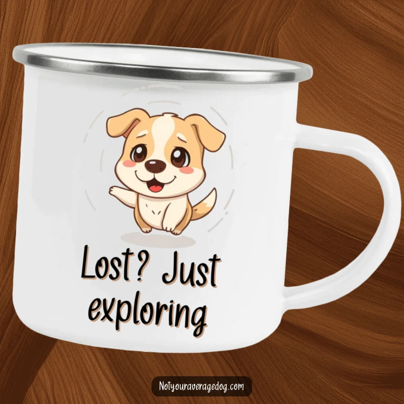Funny enamel camping mug with a dazed dog spinning in circles, designed for outdoor trips and humorous enjoyment.