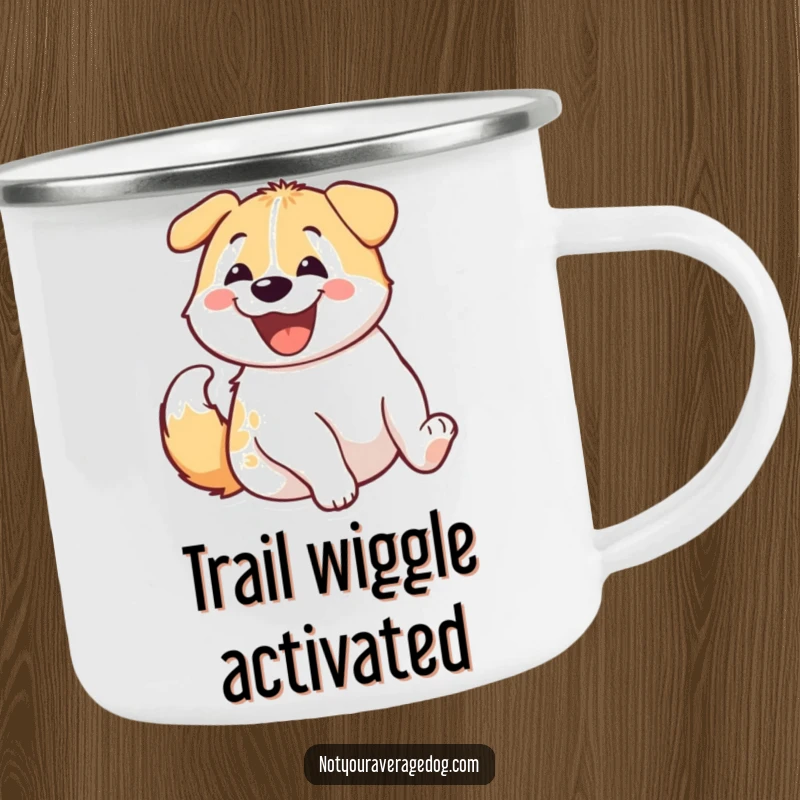 Funny dog's happy, wiggling rear end on a durable camping mug, ready for outdoor fun and cheerful toasts.