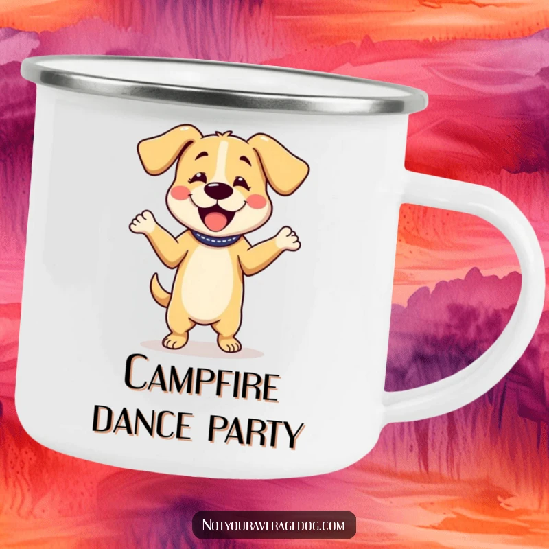 Funny camping mug showing a dog character dancing with its floppy ears flying, perfect for adding a festive touch to outdoor trips.