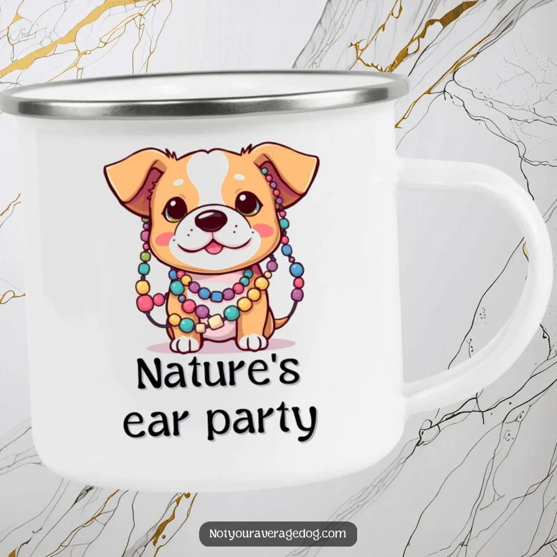 Funny enamel camping mug with a dog’s ears tangled in colorful beads, great for outdoor trips and humorous enjoyment.