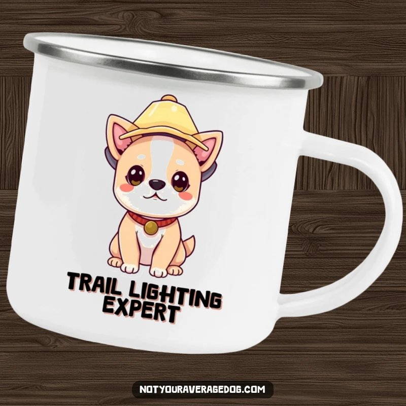 Funny dog wearing a lampshade hat, ready for campfire stories on this durable and humorous camping mug.