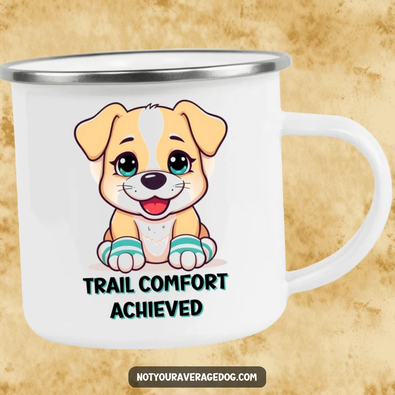 Funny Dog Camping Mug with a goofy grin, wearing mismatched socks on its front paws, ready for campfire stories and laughter.