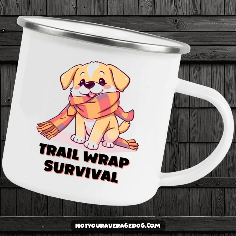 Funny Dog Camping Mug showing a dog playfully getting tangled in a very long, colorful scarf, ready for campfire stories and doggone fun.
