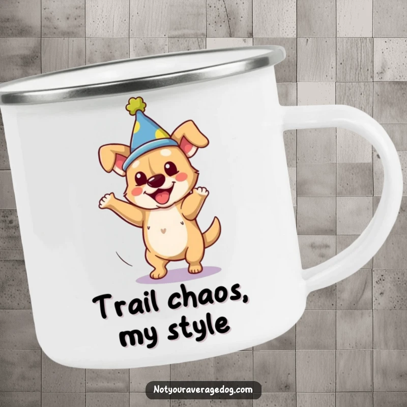 Funny dog in a silly hat, performing a clumsy spin, on a durable camping mug.