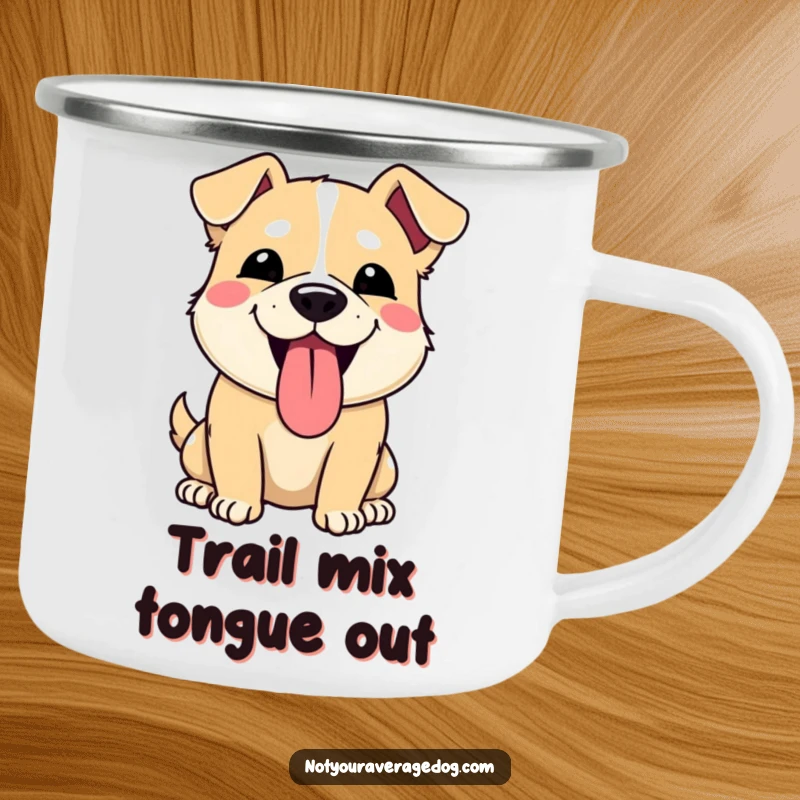 Funny camping mug depicting a dog making a silly, tongue-out face. Durable and humorous drinkware for outdoor enthusiasts.