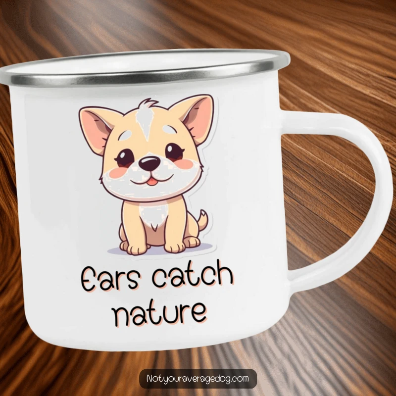 Funny camping mug showing a dog character wiggling its ears independently, perfect for adding humor to outdoor excursions.
