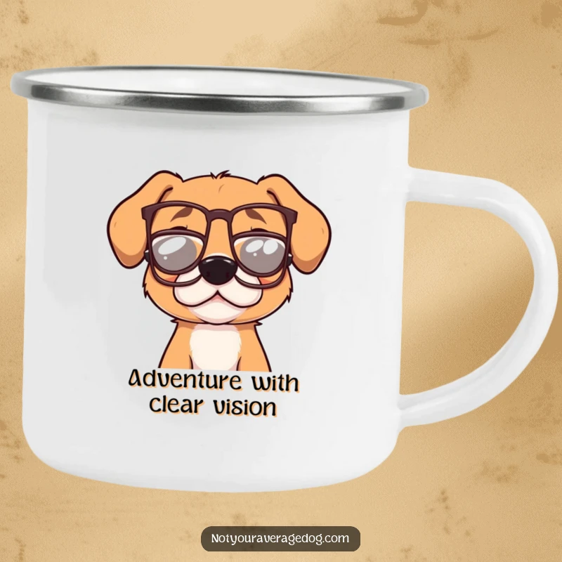 Funny dog with small, crooked glasses on a durable camping mug, ready for outdoor escapades and a good chuckle.