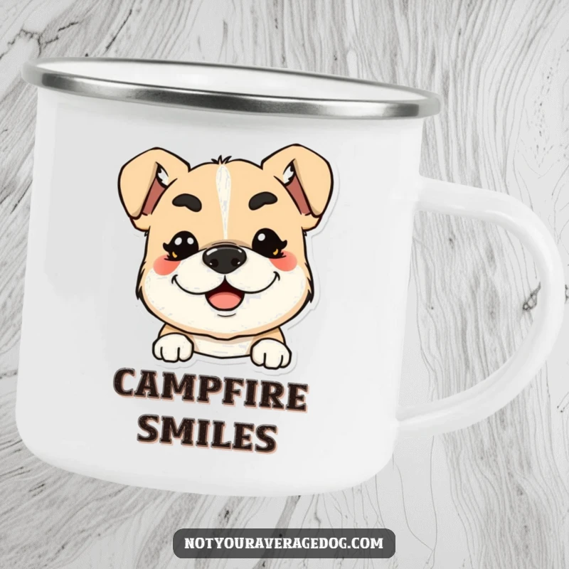 Funny camping mug with a dog with exaggerated, squiggly eyebrows and a wide smile, great for outdoors.