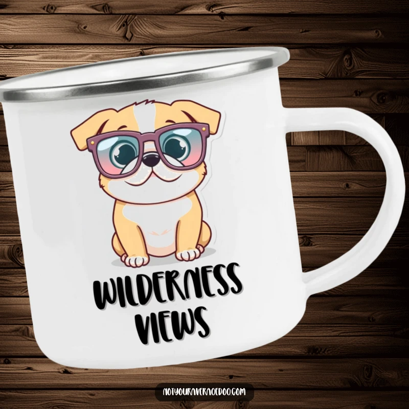 Funny Glasses Dog Camping Mug: Dog wearing oversized glasses, adding cool style to outdoor adventures.