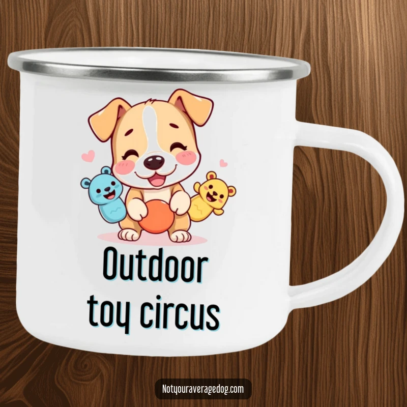 Funny dog camping mug with a character juggling three squeaky toys, perfect for outdoor fun.