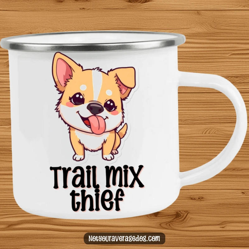 Funny camping mug showing a dog with its tongue sticking out, ready for outdoor fun with a mischievous and cheerful attitude.