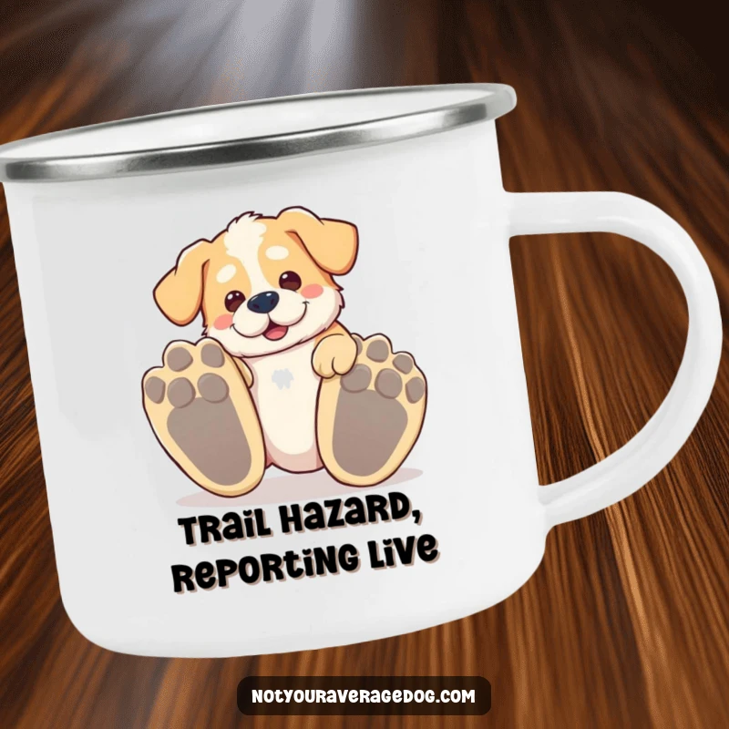 Funny tripping dog camping mug, a silly dog tripping over its large paws during an outdoor adventure.
