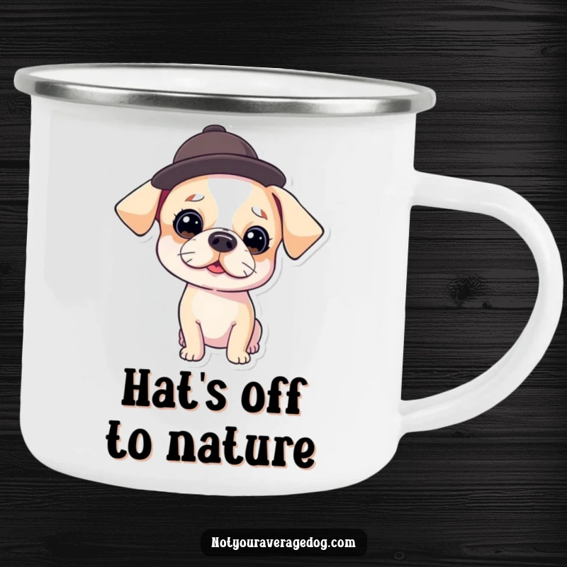 Funny Camping Mug showcasing a dog wearing a tilted hat, ideal for adventurers who appreciate a blend of style and humor.