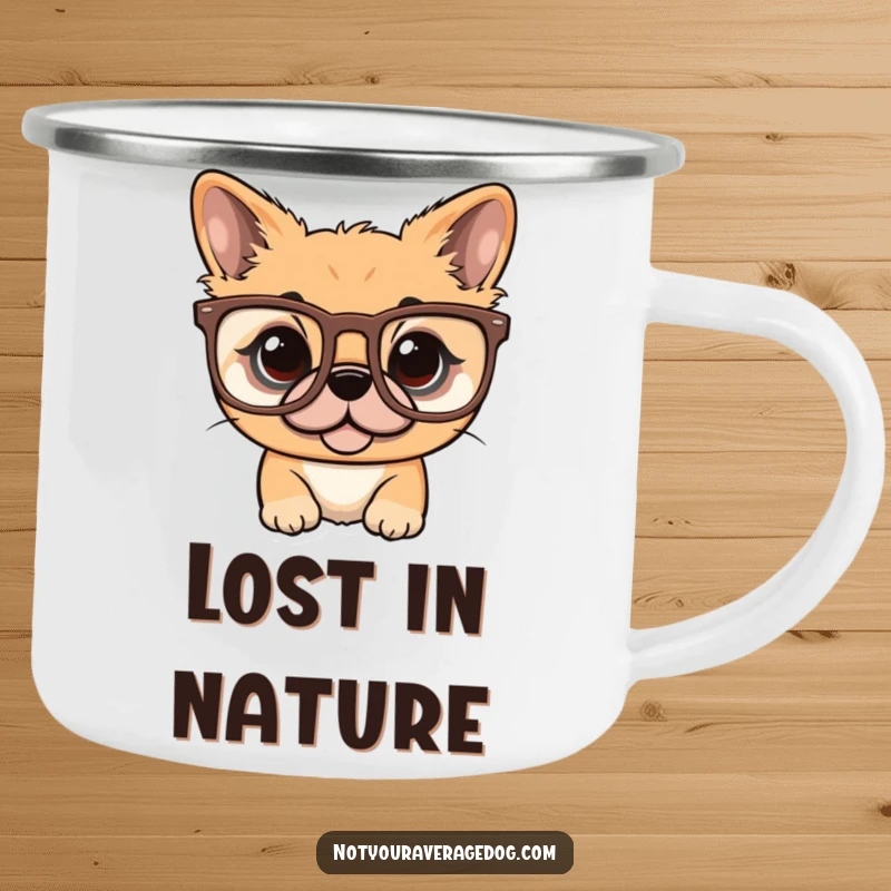 Durable funny camping mug with a dog attempting to wear comically oversized glasses.