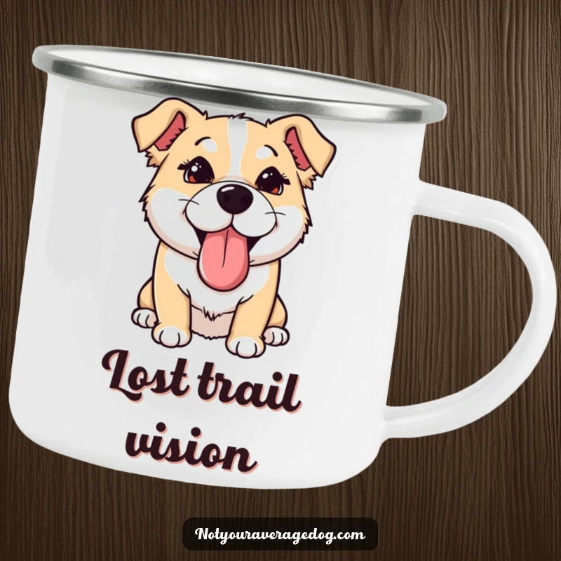 Funny Camping Mug: Dog with tongue sticking out sideways and eyes crossed, ready for outdoor fun and humorous moments.