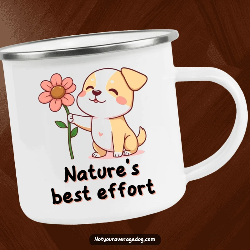 Funny dog with an oversized, squashed flower on a durable camping mug, ready for outdoor adventures and heartwarming moments.