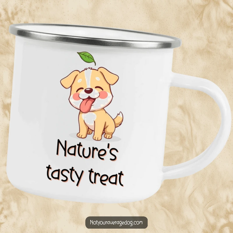 Funny camping mug showing a dog hilariously chasing after a falling leaf in the wilderness.