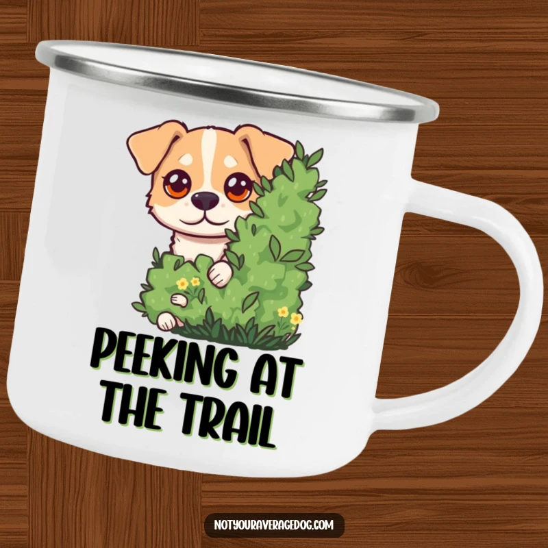 Funny Camping Mug showcasing a dog with comical googly eyes peeking from behind a bush, ideal for outdoor enthusiasts who love humor.