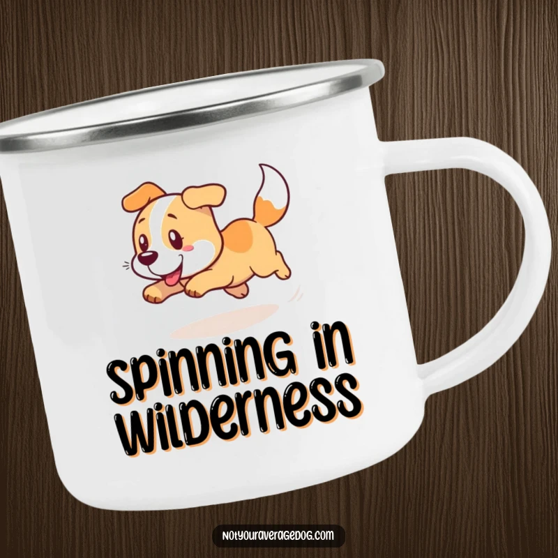 Durable funny camping mug depicting a dog in a comical, dizzying spin chasing its tail.
