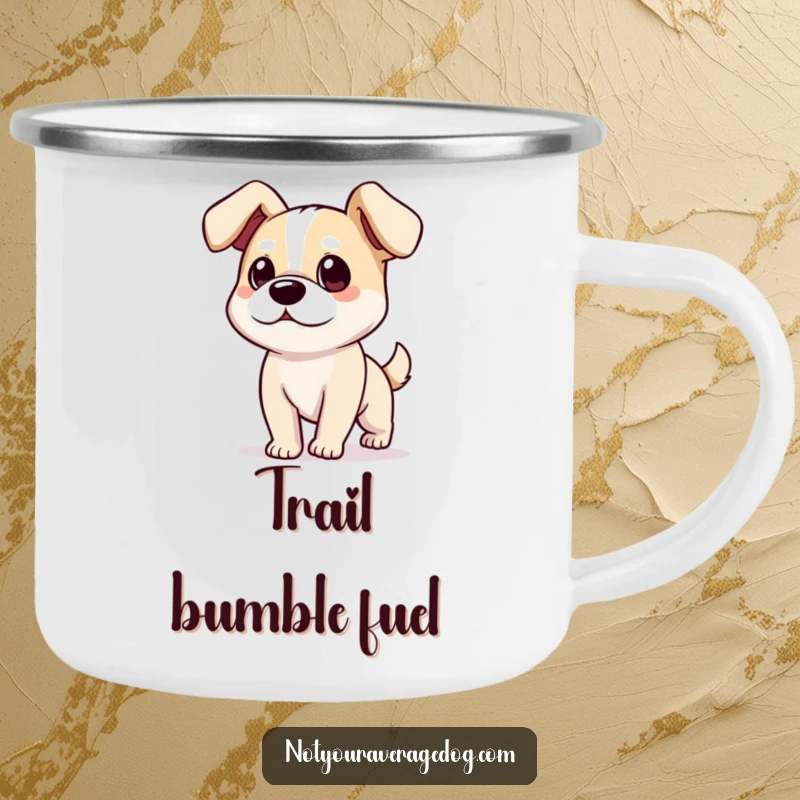 Funny dog with floppy ears on a durable camping mug, perfect for humorous outdoor use.