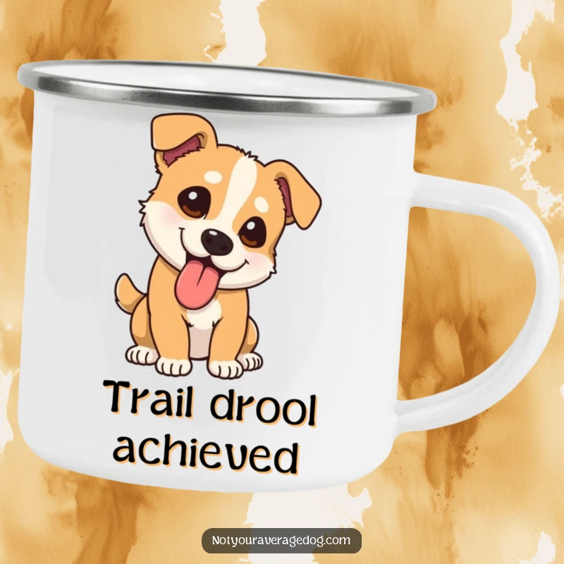 Funny dog camping mug with tongue lolling out at a comical angle, perfect for outdoor use and adding humor to adventures.