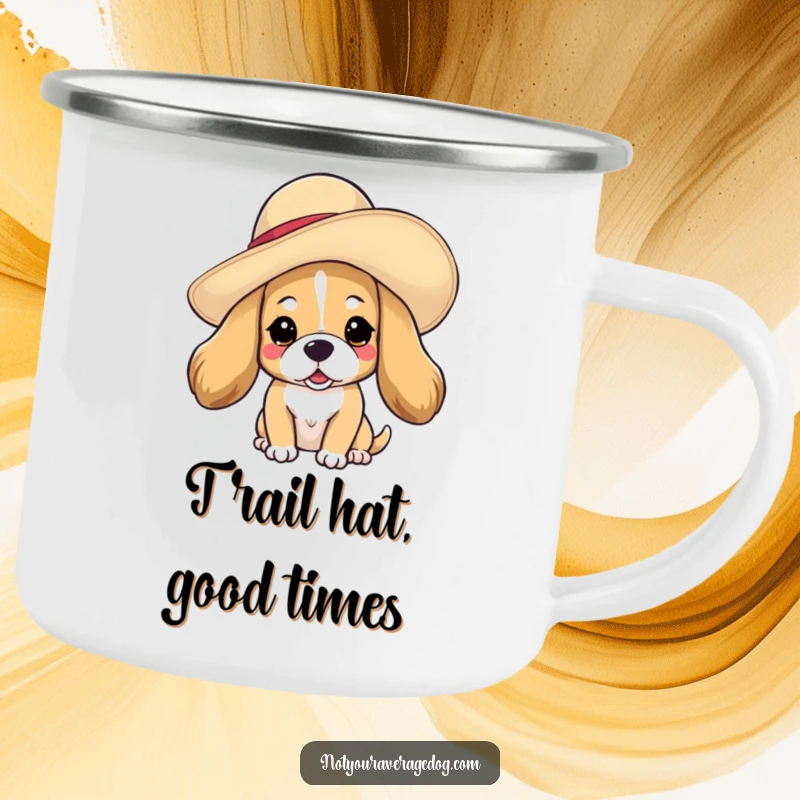 Funny dog in hat camping mug featuring a dog with an oversized, floppy hat, durable and perfect for stylish adventures.