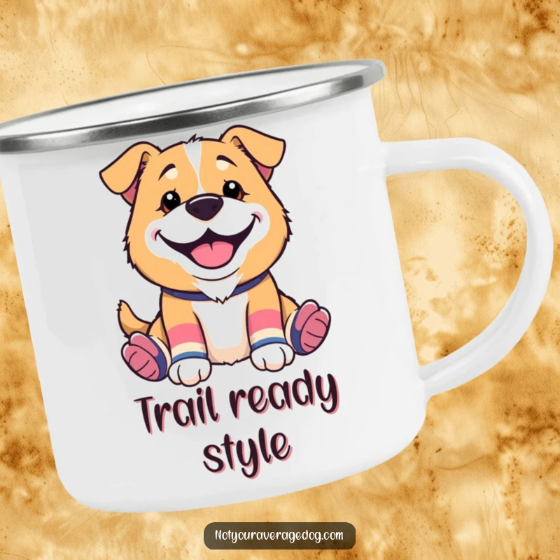 Funny camping mug showing a dog wearing mismatched socks and a silly grin, perfect for enjoying drinks on the go.