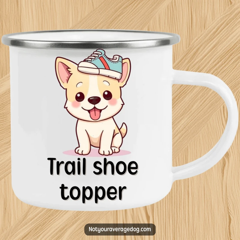 Funny dog wearing a shoe as a hat on a sturdy camping mug, perfect for humorous outdoor use.