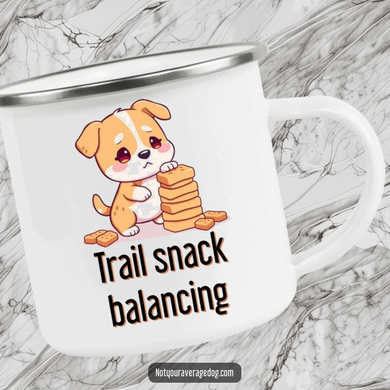 Funny confused dog balancing dog treats, on a rugged camping mug.