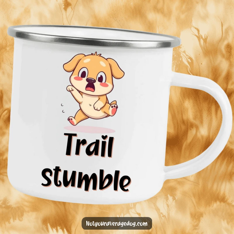 Funny camping mug with a dog tripping over its own feet, captured with a surprised and silly expression, perfect for outdoor enthusiasts.