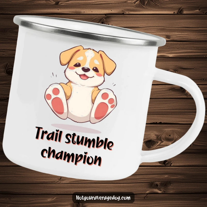 Funny enamel camping mug with a dog tripping on its oversized paws and recovering, perfect for outdoor adventures and humor.