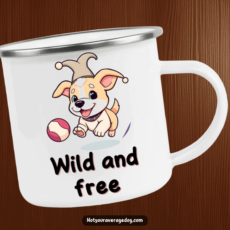 Funny Jester Dog Camping Mug: Dog in a jester hat chasing a ball, adding fun to outdoor adventures.