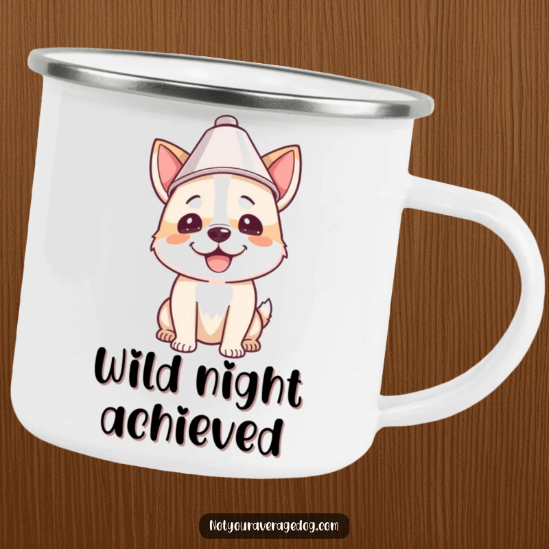 Funny camping mug with a dog wearing a lampshade, ideal for enjoying drinks by the campfire with a playful spirit.