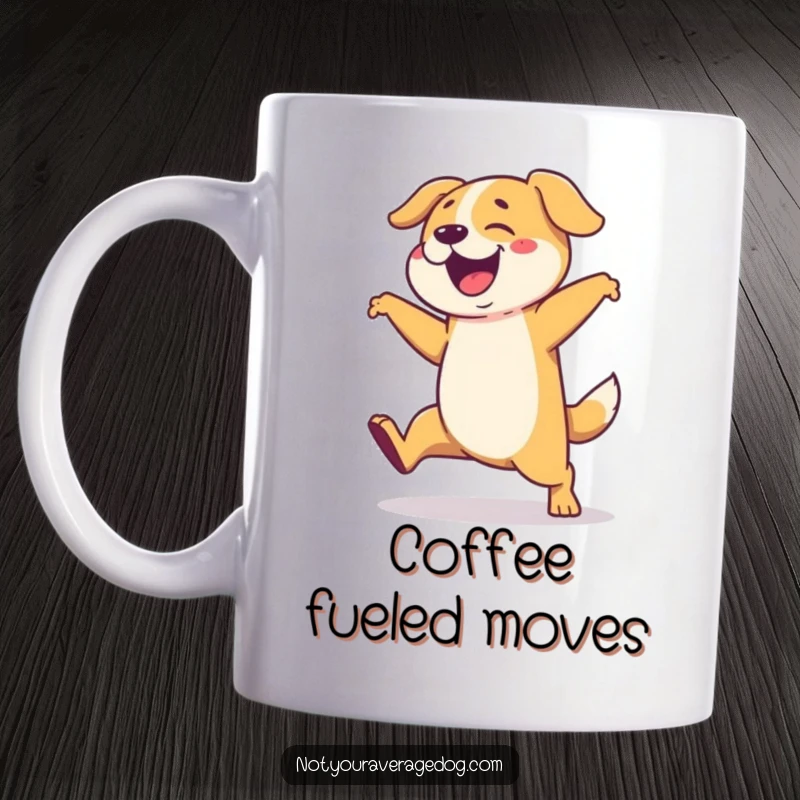 Funny mug of a dog performing a very clumsy and exaggerated dance routine with wild, flailing limbs.