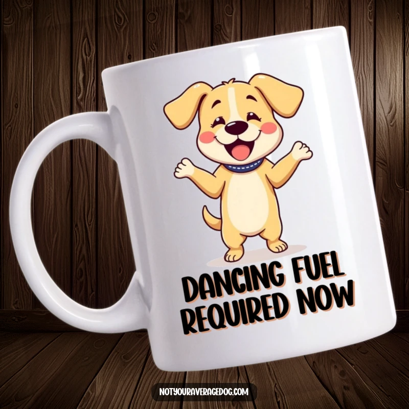Funny mug depicting a dog character performing a silly dance with its floppy ears in motion, capturing pure, unadulterated canine joy.