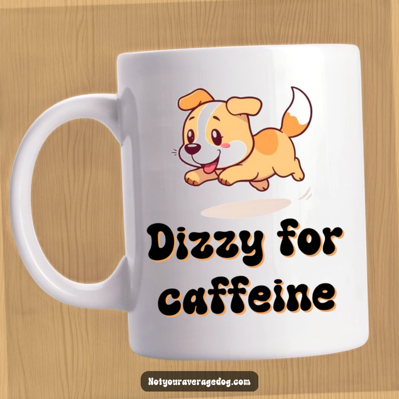 Funny dog in a comical, dizzying spin, chasing its own tail in a hilarious loop on a mug.