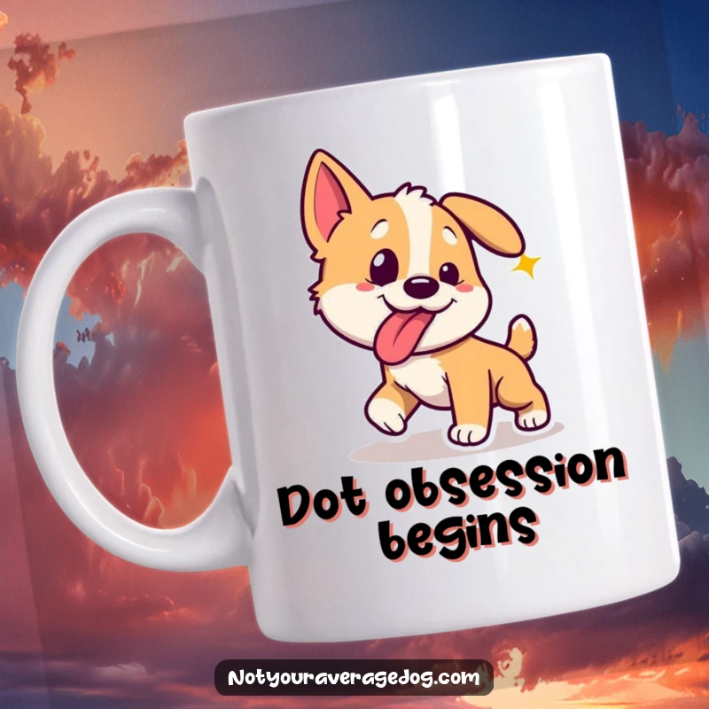 Funny dog with tongue sticking out sideways, intently chasing a red laser dot on a mug.
