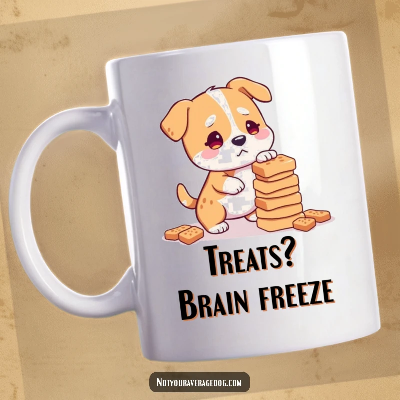 Funny confused dog attempting to balance a tall stack of dog treats on a mug.
