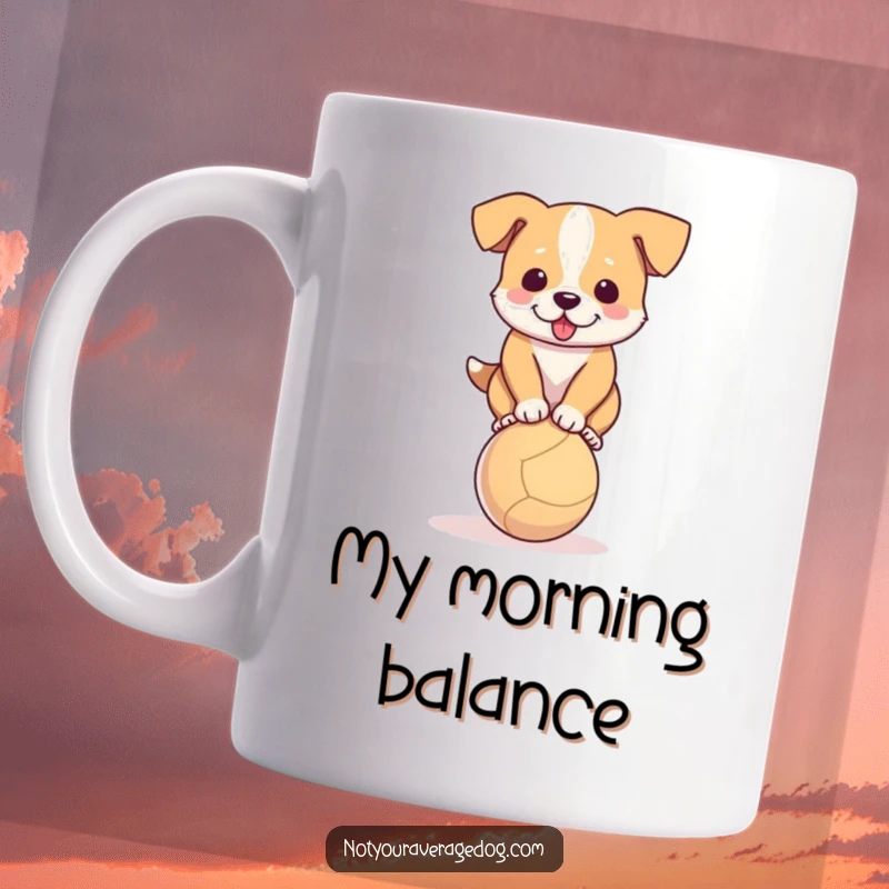 Funny mug featuring a determined dog hilariously trying to balance on a small ball.
