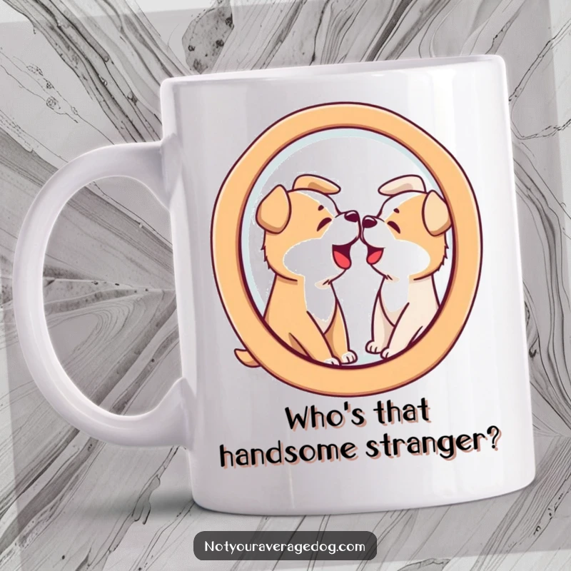 Funny mug of a dog barking aggressively at its own distorted reflection in a funhouse mirror shape, capturing pet confusion.