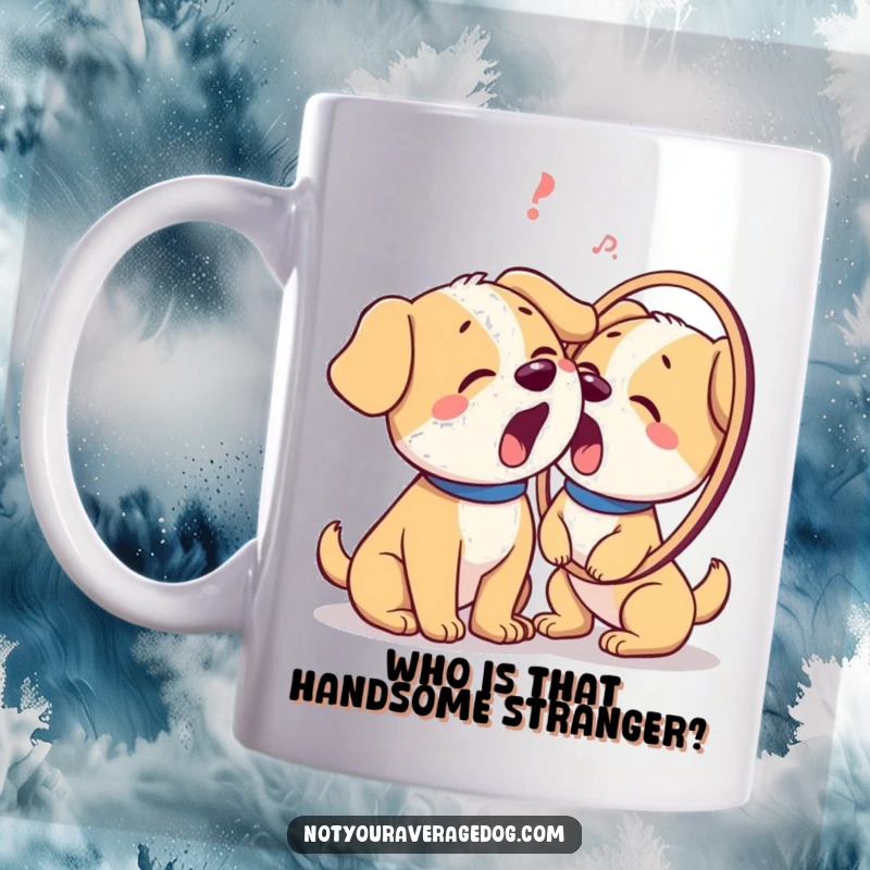 Funny mug showing a confused dog barking at its mirror image, looking utterly perplexed, a great gift for dog owners.