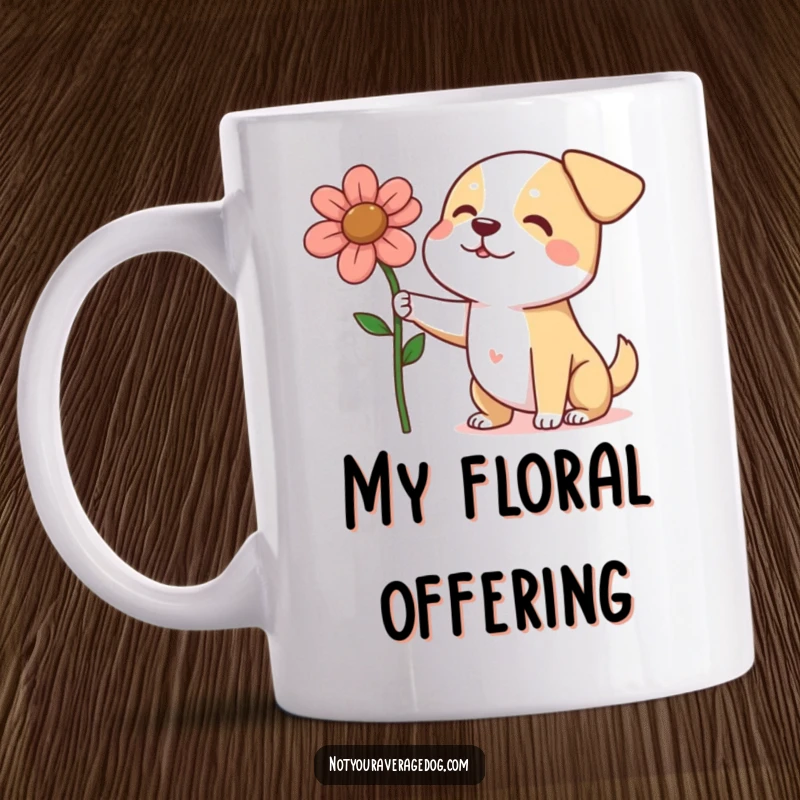 Funny dog triumphantly presenting a large, squashed flower on a mug, a heartwarming and humorous canine gesture.