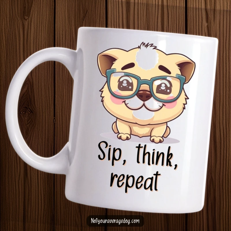 Funny dog mug, a silly canine character wearing oversized glasses with a playful, crooked grin.
