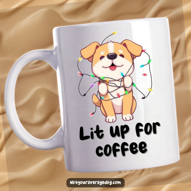 Funny Mug featuring a dog comically tangled in a string of playful, colorful lights, perfect for pet lovers.
