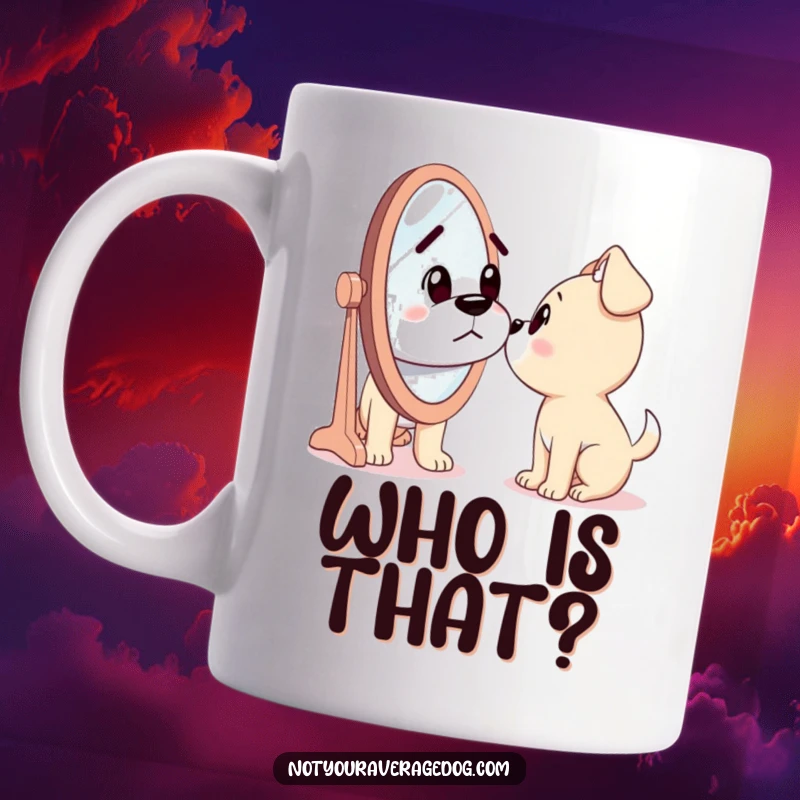 Funny mug of a dog looking utterly confused at its reflection in a mirror, as if meeting a strange character.